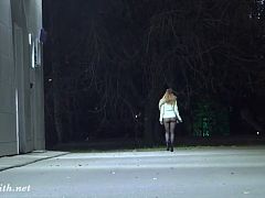 Jeny Smith night walking in black seamless pantyhose without a skirt