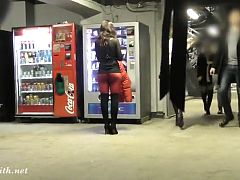 Jeny Smith public walking in red seamless pantyhose